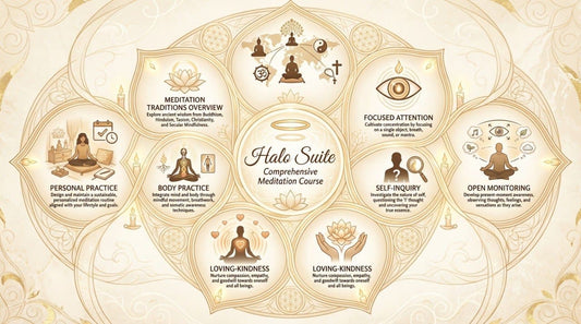 Halo Suite Comprehensive Meditation Course diagram with various meditation practices and techniques.