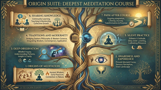 Meditation course curriculum with tree design and text on a blue background