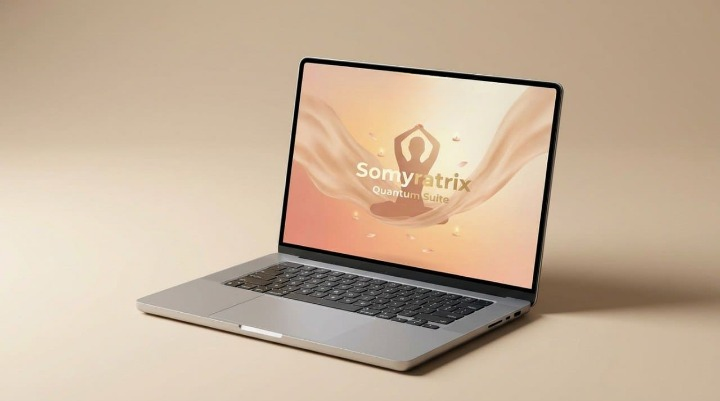Laptop with a screen displaying a Somyratrix course on a beige background