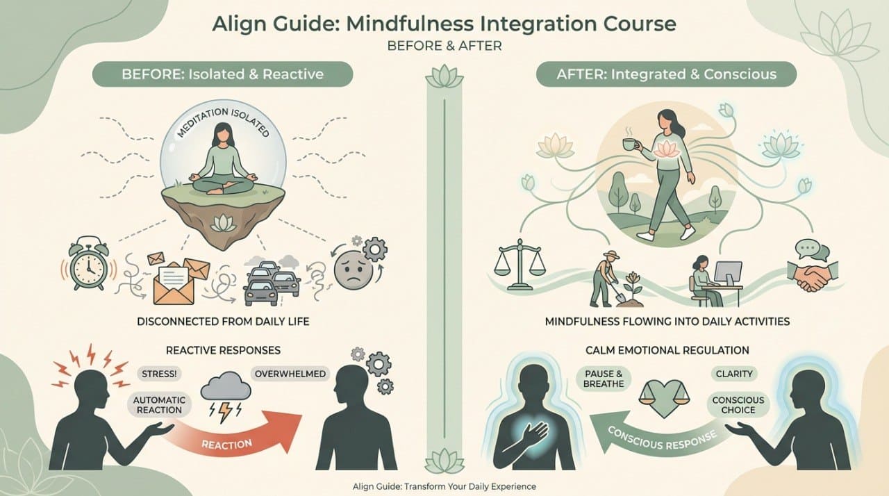 Mindfulness integration course before and after diagram showing changes in behavior and emotional regulation.