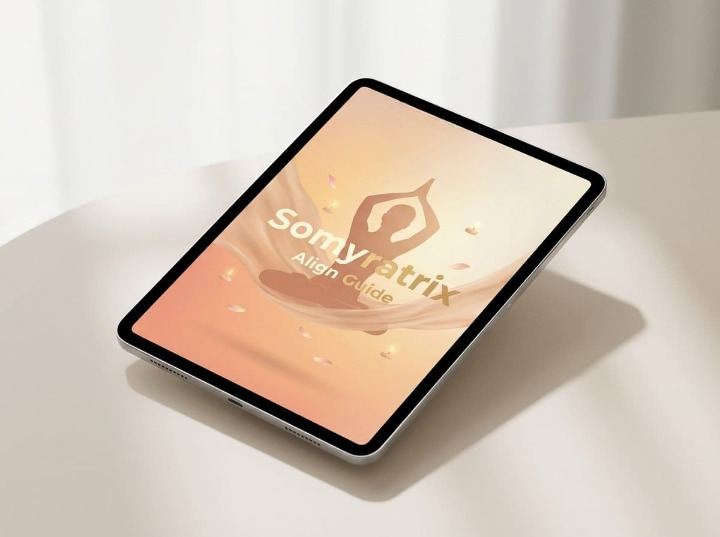 Tablet displaying the Somyratrix Align Guide on a white surface with a white curtain background