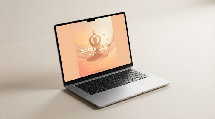 Laptop displaying a website on a beige background