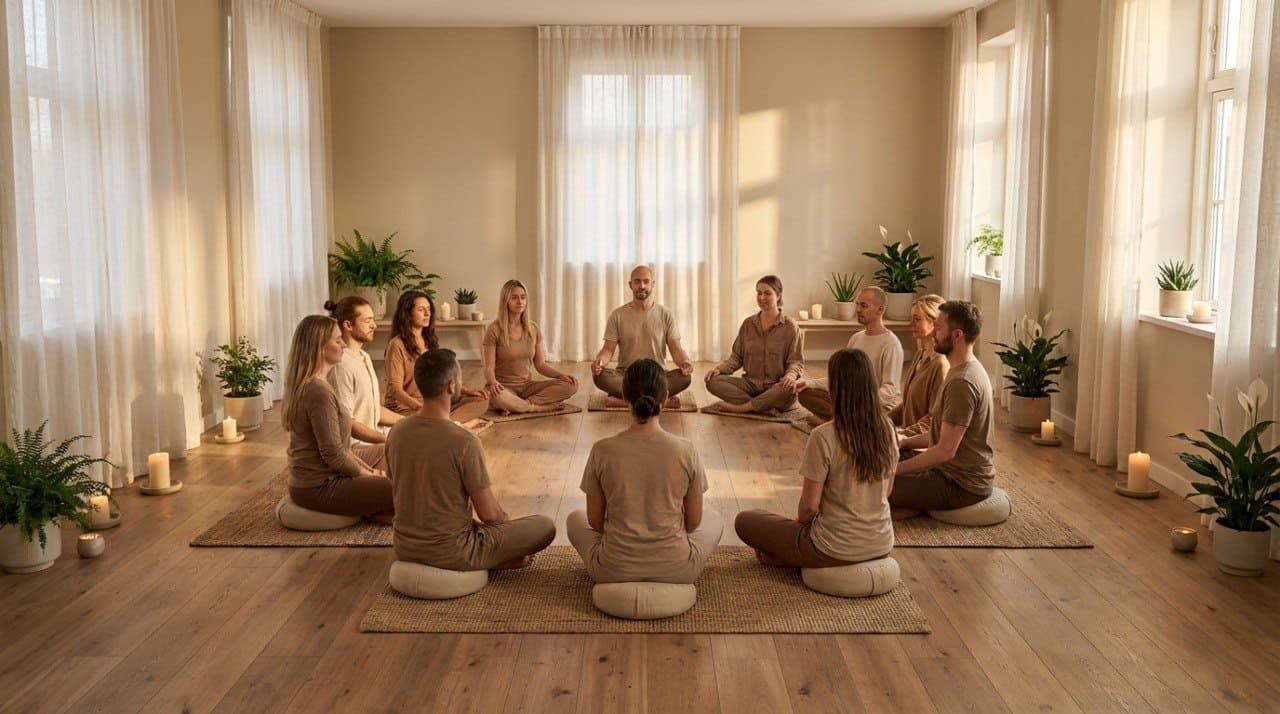 Group of people practicing yoga in a serene room with large windows and plants.