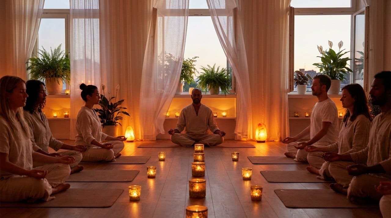 Group of people practicing yoga in a serene setting with candles and large windows.