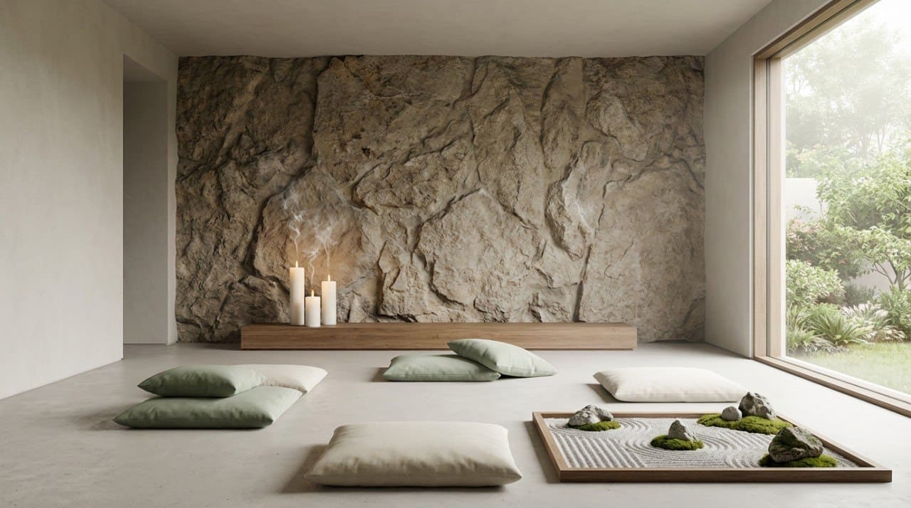 Modern interior with stone wall, candles, and meditation pillows.
