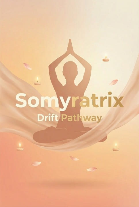 Silhouette of a person in a yoga pose with 'Somyratrix' and 'Drift Pathway' text on a warm gradient background.
