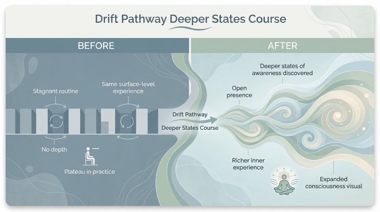 Diagram of 'Drift Pathway Deeper States Course' before and after effects on awareness and consciousness.
