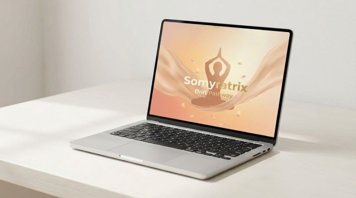 Laptop on a white surface with 'Somyratrix' branding on the screen