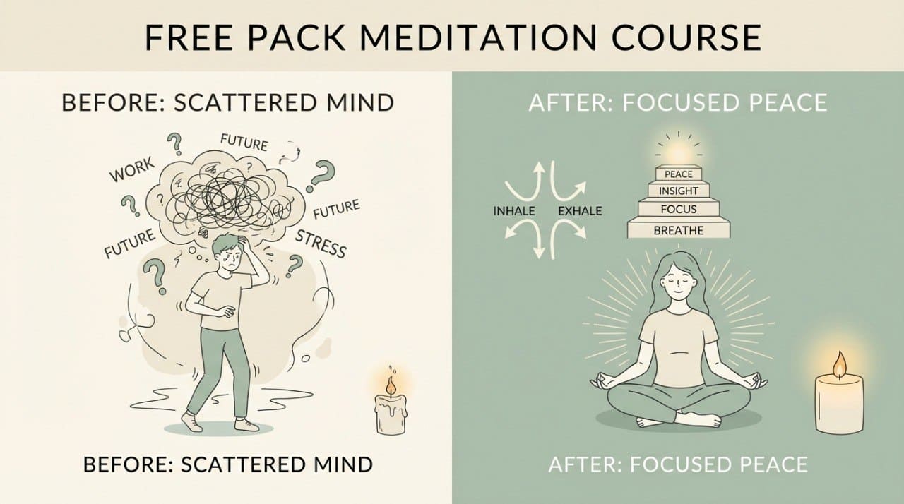 Illustration of a meditation course transformation from scattered mind to focused peace.