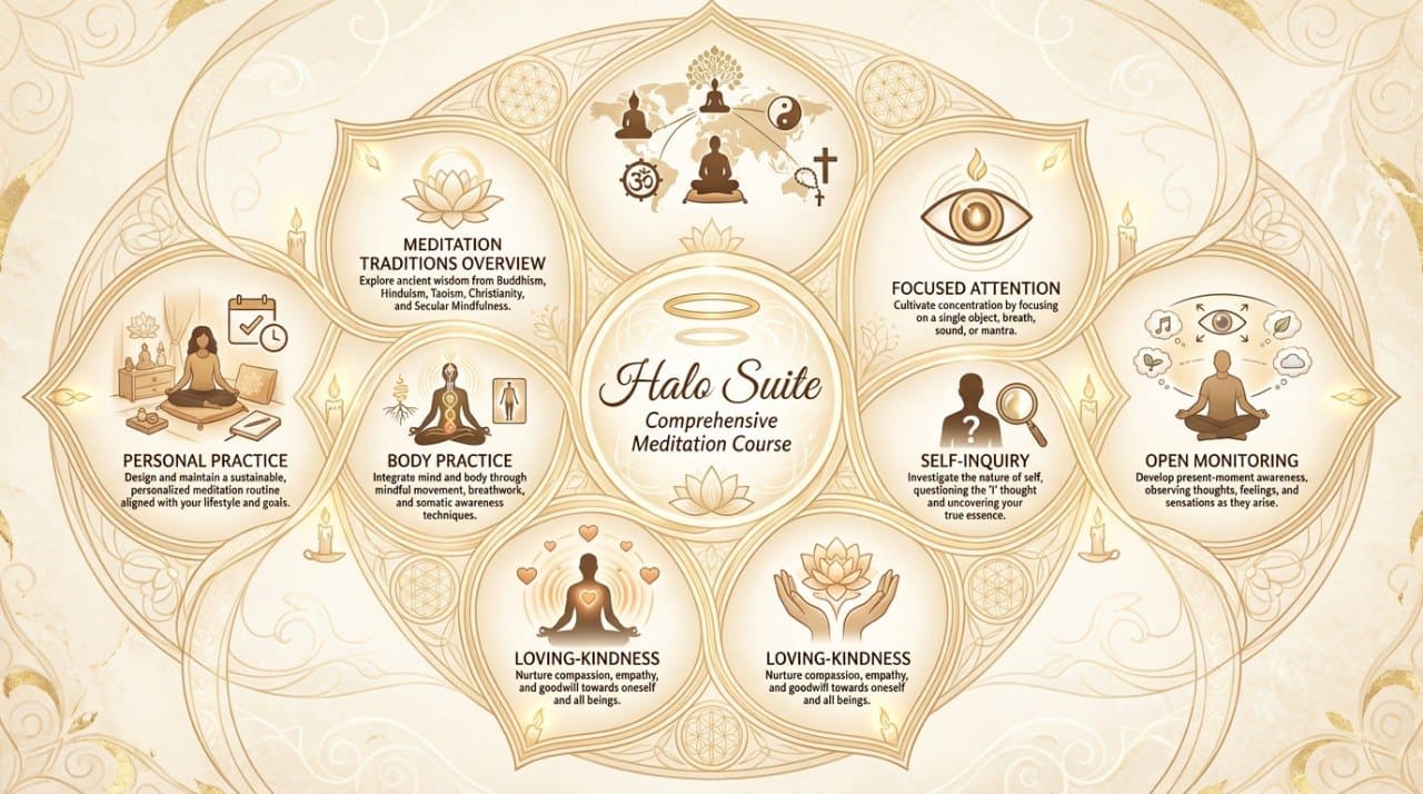 Halo Suite Comprehensive Meditation Course diagram with various meditation practices and techniques.