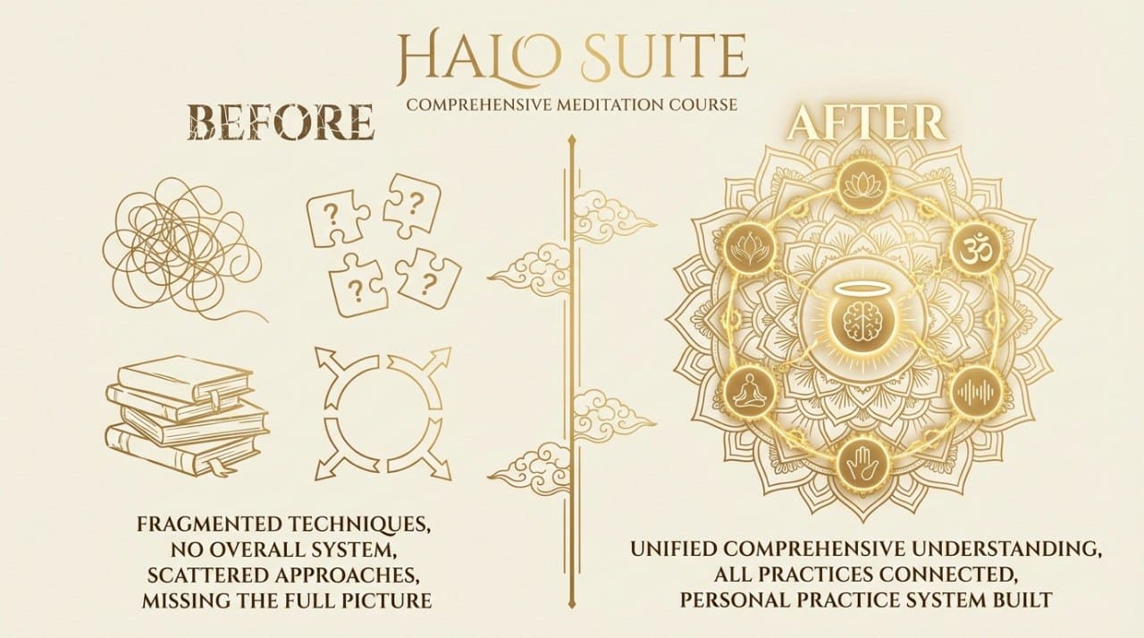 Diagram comparing 'Before' and 'After' of a comprehensive meditation course with a mandala design.