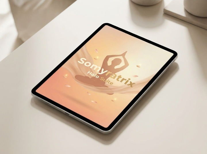 Tablet displaying the Somyratrix Halo Suite on a light surface