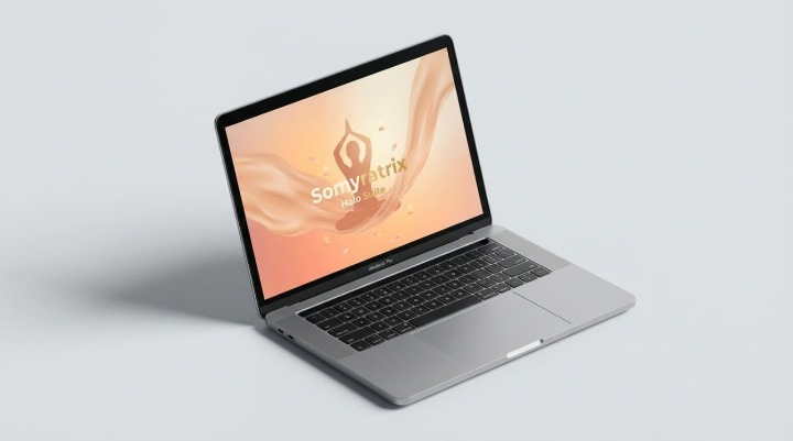 Laptop with a brand logo on a light gray background