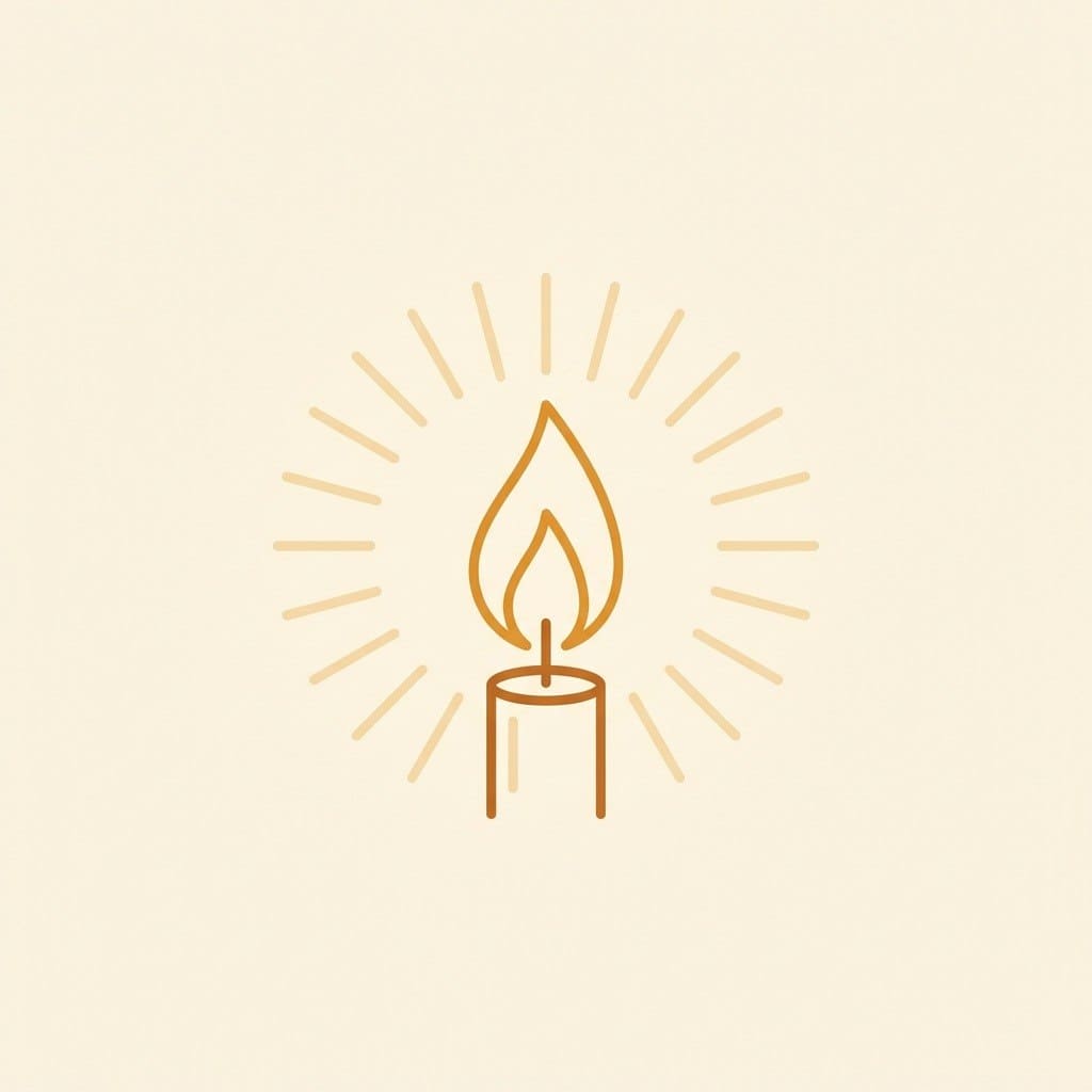 Simple line drawing of a candle with flame on a beige background