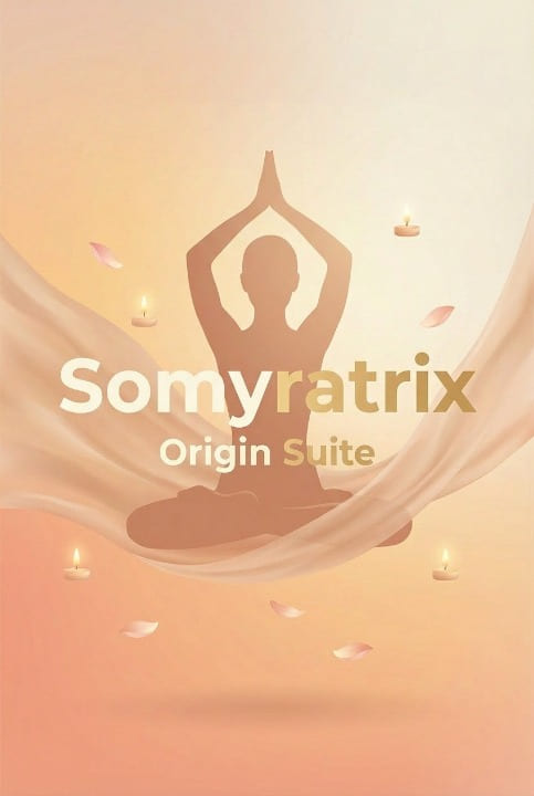 Silhouette of a person in a yoga pose with 'Somyratrix Origin Suite' text on a warm gradient background.