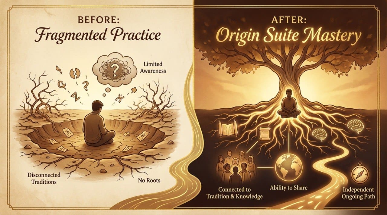 Illustration comparing 'Before' fragmented practice to 'After' Origin Suite Mastery with a person sitting under a tree.