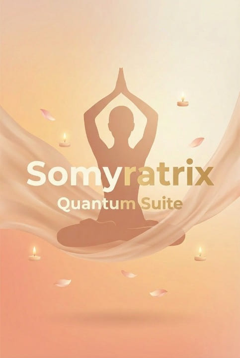 Silhouette of a person in a yoga pose with 'Somyratrix Quantum Suite' text on a warm-toned background.