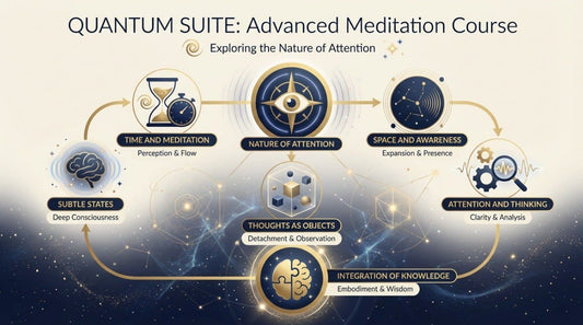 Diagram of Quantum Suite Advanced Meditation Course with various stages and concepts.