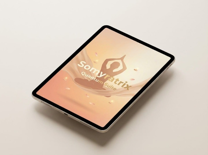 Tablet with 'Somyratrix Quantum Suite' displayed on a light background