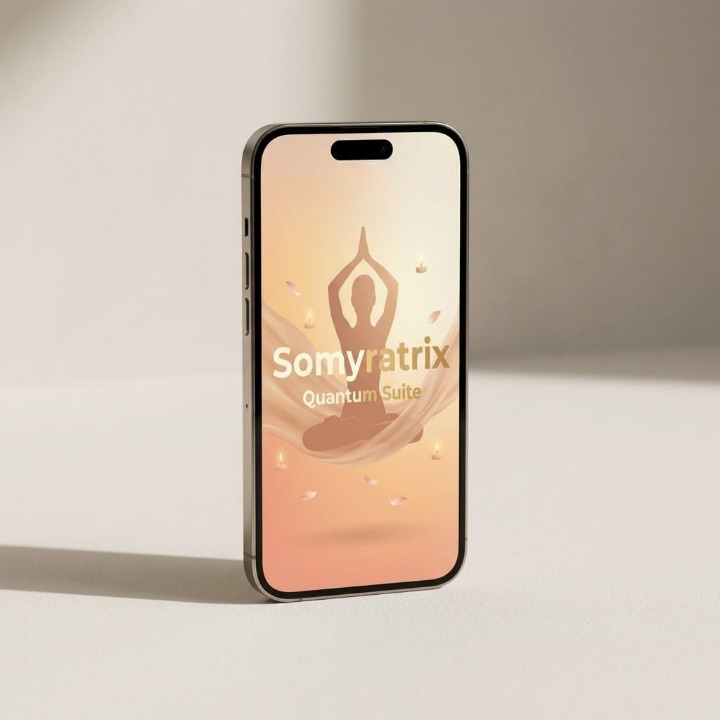 Smartphone displaying the Somyratrix Quantum Suite app on a gradient background