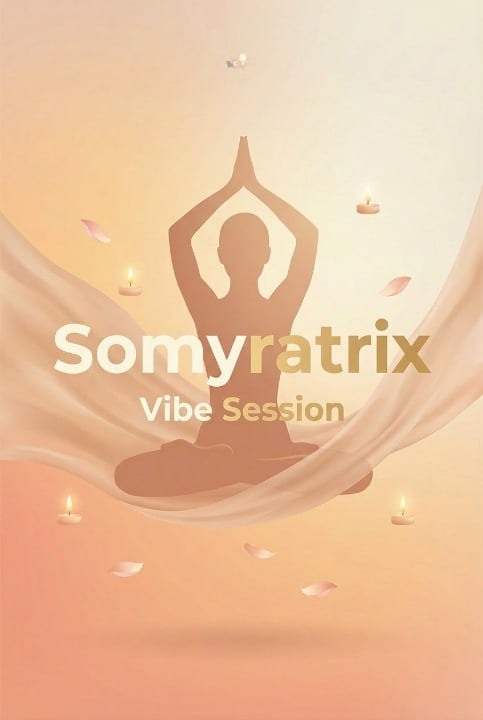 Yoga pose with 'Somyratrix' branding on a warm-toned background