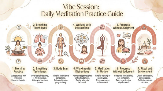 Daily Meditation Practice Guide with steps and illustrations on a white background