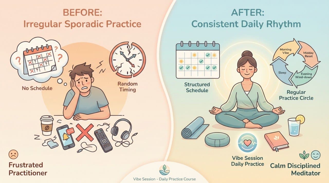 Illustration comparing 'Before' and 'After' of a meditation practice journey with a frustrated practitioner and a disciplined meditator.