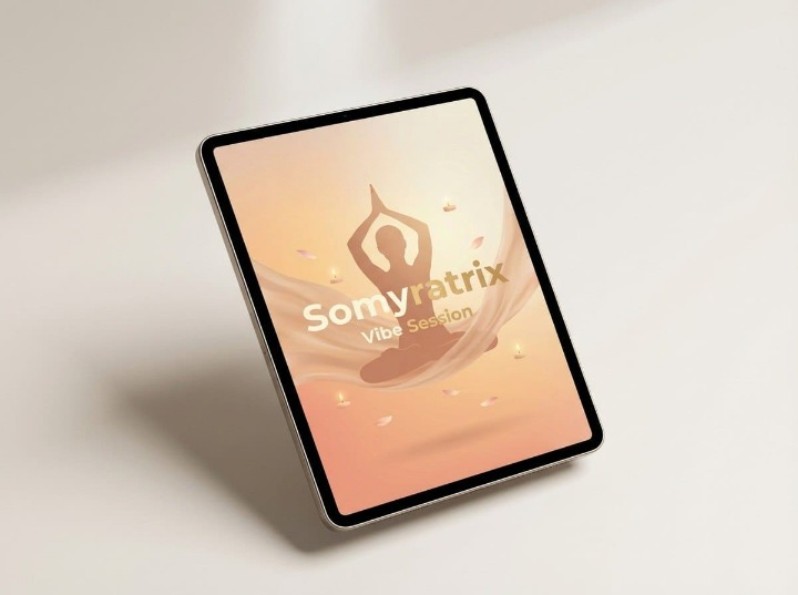 Tablet displaying a yoga-themed app interface on a light background