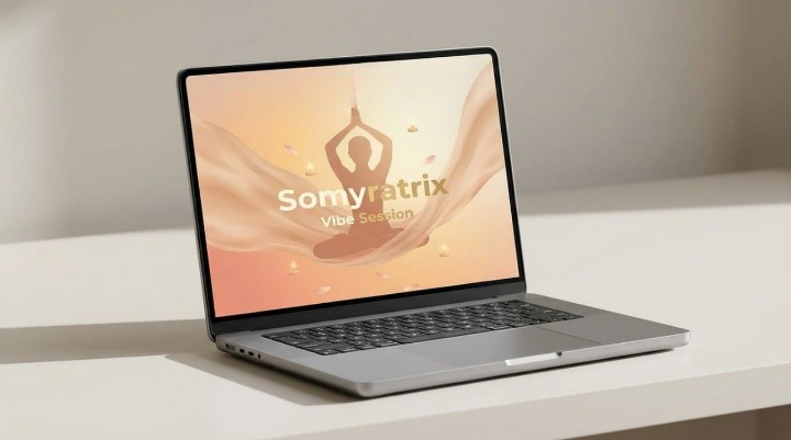 Laptop on a white surface with 'Somyratrix' logo displayed on the screen.